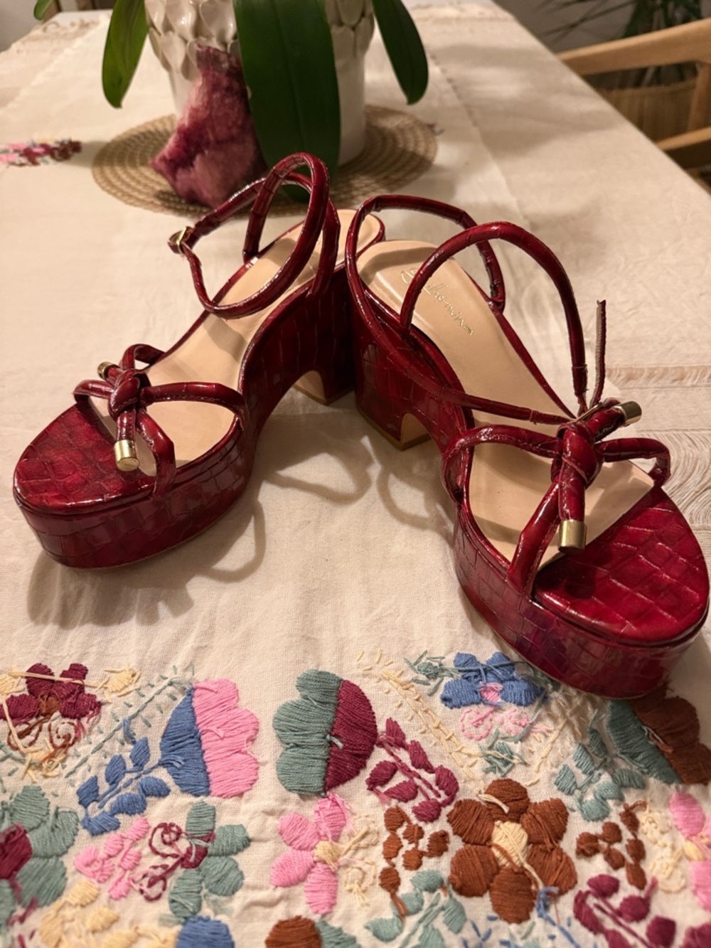 Red Croc Embossed Patent Leather Platform Strappy Sandals - Women